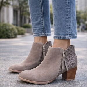 Vionic “Anne” Ankle Booties – Beige Suede & Snake Embossed - Size 8.5